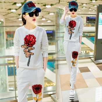 2018 naują pavasario laisvalaikio Retro kostiumas moterų rožių gėlių China atsitiktinis moterų kostiumas 2 dalių rinkinys moterims gėlės China sportiniai kostiumai