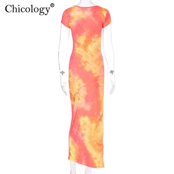 Chicology neon kaklaraištis dažų pusės split maxi suknelė moterų 2020 m. vasarą bodycon spalvinga seksualus šalies klubo aprangą moterų mados drabužiai