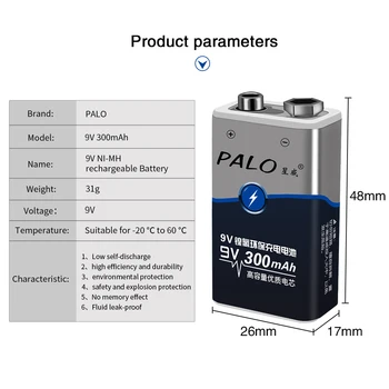 PALO 9V baterijos Įkroviklio 9v nimh ar ličio-jonų baterija su 6f22 9V įkraunamos Ni-MH baterijos 9v baterija
