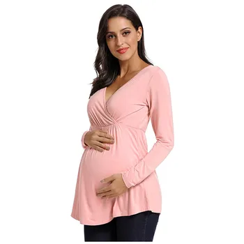 V-kaklo motinystės marškinėliai ilgomis rankovėmis nėštumo palaidinė slaugos viršuje krūtimi vientisos spalvos slaugos tee medvilnės marškinėliai plius dydis