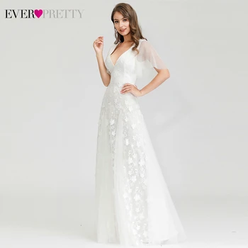 Elegantiška Baltos Vakarinės Suknelės Kada Nors Gana-Line Double V-Kaklo Ruffles Rankovėmis Gėlių Nėrinių Oficialią Suknelės Už Šalies Lange Jurk
