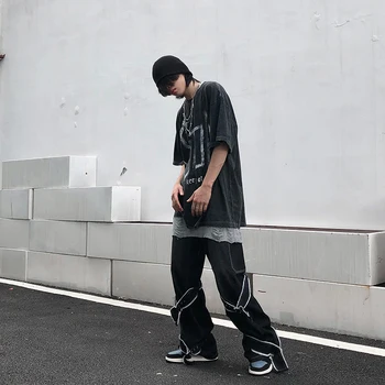 UNCLEDONJM 2020AW Vyrai gatvė dėvėti Džinsai, vyriški Tamsiai Funkcinės Vėjo Prarasti Tiesiai Pločio Kojų Kelnės Hip-hop Black Jeans T2-B120
