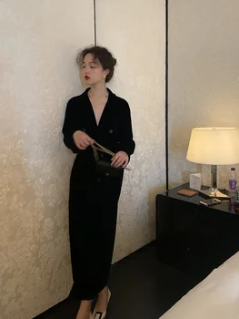 Moterų Aksominis Kailis 2020 M. Rudens Žiemos Elegantiška Kimono Atidaryti Dygsnio Juodas Veliūras Ilgai Trech Paltas Femme Skraiste Outwear