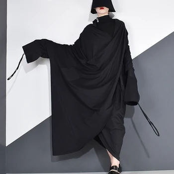 XITAO Nesimetriškas Raišteliu Suknelė Moterims Streetwear Stiliaus 2020 M. Rudenį Banga Mados Naujų vientisos Spalvos Ilgą Batwing Rankovės GCC4045