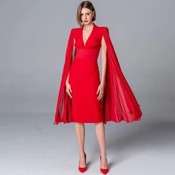 Nemokamas pristatymas Didmeninė 2020 m. moters suknelė Raudonos Nėrinių Suknelė Sexy V Kaklo Moterų Batwing Rankovės Midi įžymybė kokteilis suknelė