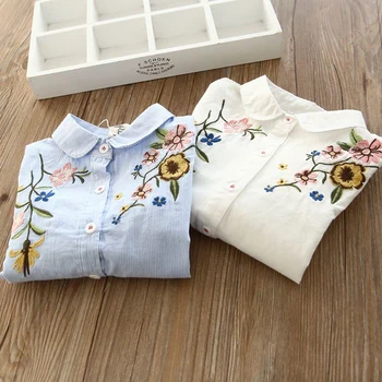 Kūdikių, vaikų, Merginų, siuvinėta Gėlių palaidinės, Topai 2018 m. rudens vaikas 3-7 Y dryžuotas ilgomis rankovėmis Baltos spalvos Drabužius, kūdikių marškinėliai