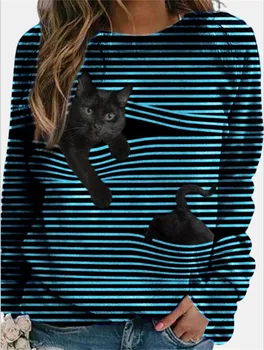 Rudenį, Žiemą Išdykęs Katinas Spausdinti Moterų Dryžuotas marškinėliai Atsitiktinis Poliesterio O-kaklo, ilgomis Rankovėmis Megztinis Viršūnes Ponios Plius Dydžio Trišakius