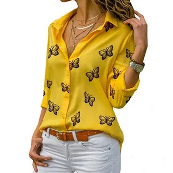 Rudenį Moterų Drugelis Spausdinimo Prarasti Atvartas Geltonos spalvos Marškinėliai Blusa 2020 M. 