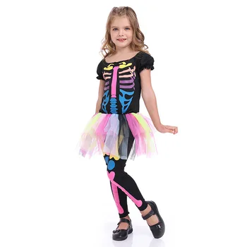 Helovinas Vaikų Mielas Spalvingas Cosply Skeletas vientisas Kostiumas Baisu Skeletas Dvasios Punk Girl Sijonas Kostiumas