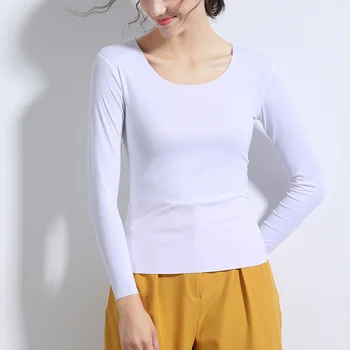 Ponios vientisos spalvos plonas ilgomis rankovėmis apvalios kaklo medvilnės marškinėliai 2020 naujas