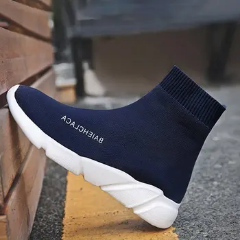 Korėjos Tendencija Laišką Akių Atsitiktinis Vyrų Batai 2019 Vaikščioti Porą Juoda Sneaker Aukšto Viršų Mėlyna Veikia Kvėpuojantis Kojinių, Sportas Batai 47