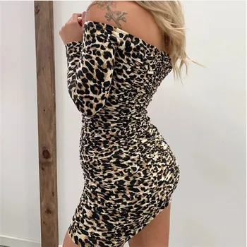 Moterų Ilgas Rankovėmis Leopard Suknelė Mados ilgomis Rankovėmis Off Peties Pavasarį, Rudenį Bodycon Slim Mini Suknelė Moterims Moteriški