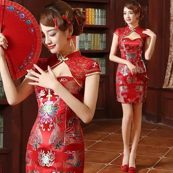 Cheongsam phoenix raudona moderni cheongsam vestuvių suknelė kinų, tradicinė kinų vestuvių suknelė modernus elegantiškas nėriniai