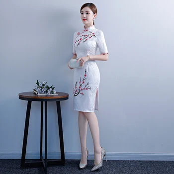 2019 Naujas Mados Balta Pavasario Cheongsam Kinijos Moterų Medvilnės Qipao Siuvinėti Gėlių Suknelė S M L XL XXL
