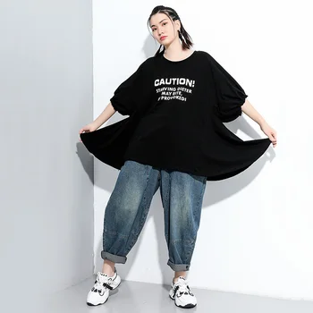 [EAM] Moterys Black Modelis Atspausdintas Didelis Dydis Ventiliacijos T-shirt Naujas Apvalios Kaklo Pusė Rankovės Mados Banga Pavasario Vasaros 2021 1X832
