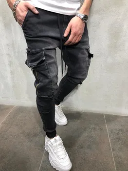 Nauja stiliaus vyriški Nėriniai-up džinsų Užtrauktuką Multi-pocket Pieštuku Kelnės, Džinsai Slim Hip-Hop ' o kelnes juodos ir mėlynos Calça Jogger džinsai
