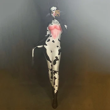 Karvė Modelio Baltos Jumpsuit Moterų Šokėja Juosta Rodo, Rave Dėvėti Gyvūnų Cosplay Kostiumai Dėvėti Antblauzdžiai Prom Švęsti Apranga DNV13076
