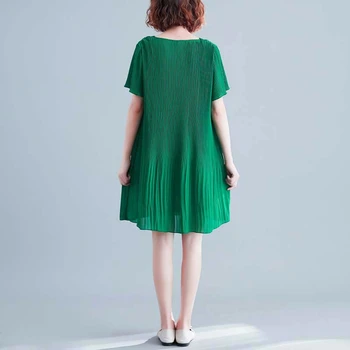 #0226 Vasaros Žalia Plisuotos Šifono Suknelė Moterims trumpomis Rankovėmis, Atsitiktinis Palaidų Negabaritinių V Kaklo Atsitiktinis-line Mini Suknelės Damoms