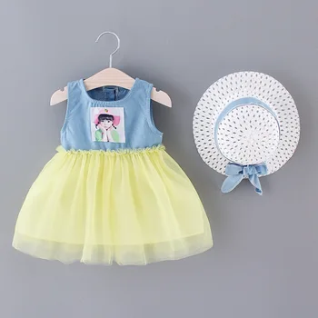 2020 Nauji vaikiški Drabužiai Mergina Vasaros Suknelės Mergaičių Spausdinti Sleevelss Džinsinio audinio Spalvos Bloką Atsitiktinis Princesė Dress + Saulės Skrybėlę 2 VNT 0-4Y