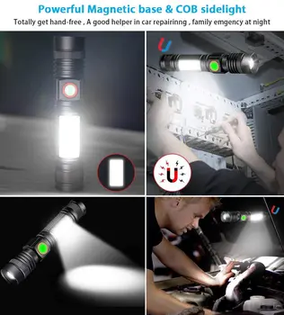 Super ryškus LED įkraunamas žibintuvėlis led žibintuvėlis T6+COB su clip avarinės elektros banko 2pack Magnetinio žibintuvėlis