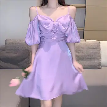 2020 Metų Vasaros Korėjos Seksualus Ponios Suknelė Naujas, Su Petnešos Lankas Stebėjimo Sluoksniuotos Rankovėmis Suknelės, Elegantiškos Satino Mados Suknelė Moterims