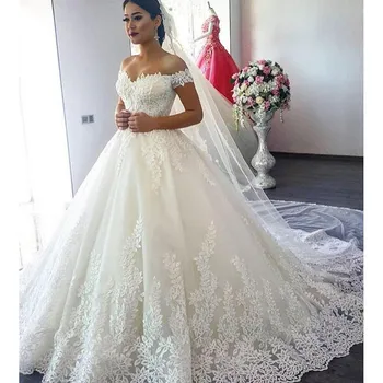 2021 Prabangių Nėrinių Valtis Kaklo Kamuolys Suknelė Vestuvių Suknelės, Brangioji Vien Atgal Princesė Iliuzija Aplikacijos Vestuvinės Suknelės Casamento