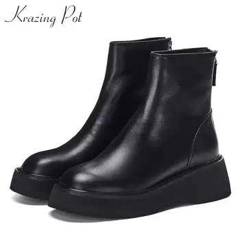 Krazing puodą nauji aukštos kokybės storo dugno natūralios odos batai, suapvalinti tne aukštakulnius moterys mados žiemos Užtrauktuku batai L61