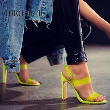 2019 Mados Sandalai Vasarą PVC Moterų Sandalai Atidaryti Kojų Čiurnos Dirželis Buckle Batus Moteris Aukštakulnius Sandalus