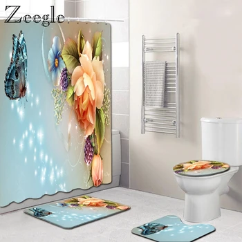 Zeegle 3D Gėlių Raštas 4PCS Vonios kambario Vonios Kilimėlis su Dušo Užuolaidų Komplektas Vonios Grindų Kilimėlių Mikropluošto klozeto Dangtis Kilimėlis