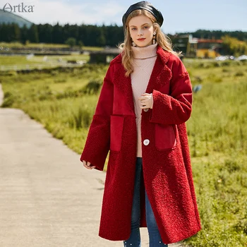ARTKA 2019 Žiemos Naujas Moterų Kailis Vintage Red Netikrą Mink ėriukų vilna Sujungimas Storas Kailis Single-breasted Šiltas Ilgas Outwear WA15099D