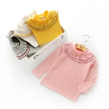 2020 m. Rudens Ir Žiemos Naujų Dugno Shirt Baby Girl Drabužiai vientisos Spalvos Nėrinių Apvalios Kaklo Mados Šiltas Viršuje, Vaikų Drabužiai
