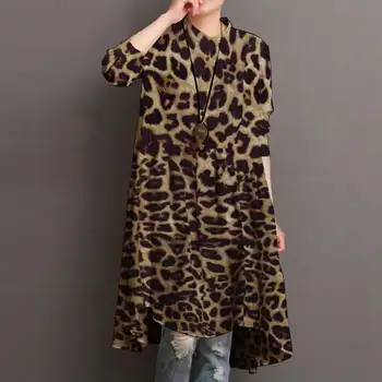 Vintage Palaidinė Moterims Rudenį ilgomis Rankovėmis Pledas Marškiniai ZANZEA Bohemijos Leopardas Spausdinti Ilgio Viršūnes Atsitiktinis Blusas Prarasti Chemise Mujer