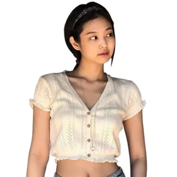 Vasaros Korėjos Moterų Trumpomis Rankovėmis Viršūnes Sexy V Kaklo Mygtukus Mini T-Marškinėliai, Megzti Marškinėliai Mados Hallow Iš Ponios Viršūnes Balta