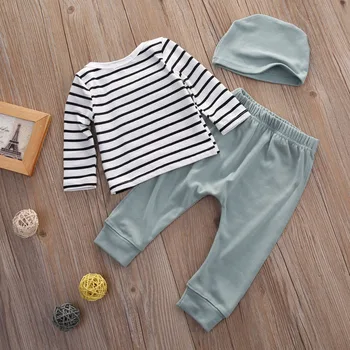 2019 Mada Kūdikiams, Baby Girl Drabužiai Nustatyti 3PCS Kostiumas Stripe marškinėliai+Kelnės+Hat Naujagimiui Drabužių Komplektus 0-24M