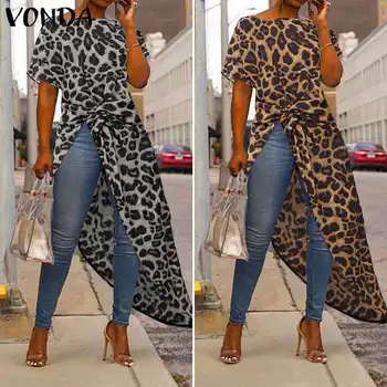 VONDA Moterų Asimetrinė Palaidinė Sexy Tunika Padalinti Hem Leopard Šalių Viršūnių Ilgai Ponios Office Marškinėliai 2021 Plius Dydis Blusas