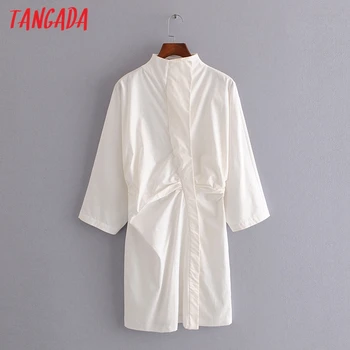 Tangada mados moterų vientisos baltos medvilnės suknelė ilgomis rankovėmis mygtukai ponios elegantiška mini suknelė, vestidos 3H672