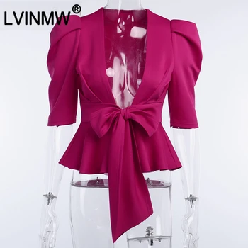LVINMW Elegantiška Rausvos spalvos, V Kaklo Tvarstis Lankas Sluoksniuotos Rankovėmis Slim marškinėliai 2020 m. Pavasarį Moterys Seksualus Pynimas Kratinys Marškinėlius Moteriška Šalis Viršūnės