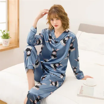 Moterų Pižama Nustato Naujus 2019 M. Rudens Gėlių Spausdinti Mados Prabangių Moterų Dirbtiniais Šilko Dviejų dalių Marškinius, Ilgas Kelnes Sleepwear Rinkinys