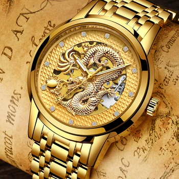 LIGE Mechaninė Automatinė Aukso Drakonas Žiūrėti vyrų Kinų Stiliaus Laikrodžiai Mens Nerūdijančio Plieno, atsparus Vandeniui Žiūrėti Relogio Masculino