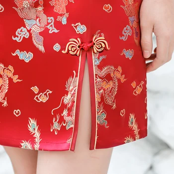 Moteris Raudona Mezgimo Dragon Naujovė Satino Kinų Suknelė Klasikinis Mandarinų Apykaklės Trumpas Cheongsam Vestidso Qipao Vakare Šalis Suknelė