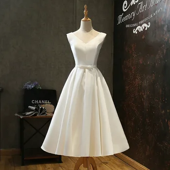 SW95 Satin White Vestuvių Suknelės Nuotaka V Kaklo Nėrinių Šaliai, Skraistės Nuotakos Suknelė Trumpa Vestuvinė Suknelė Vestido De Noiva Saldus Atmintis