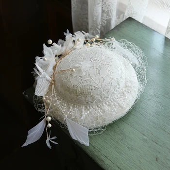 Prancūzijos Vintage Baltas Mini Vestuvių Skrybėlę Fėja Gėlių Nėrinių Šydas Fascinator Plaukų Įrašą Fotosesiją Apdangalai, Perlų Ponios Plaukų Papuošalai