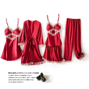 Naujas 5 Vnt Moterų Pižama Rinkiniai Satino Pižamos Sleepwear Rinkiniai, Elegantiškas, Seksualus Nėriniai Mados Pavasario Rudens Homewear