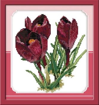 Vynuogės raudonos tulpės kryželiu rinkinys gėlės 14ct 11ct skaičius atspausdinta drobė siūlės siuvinėjimo 