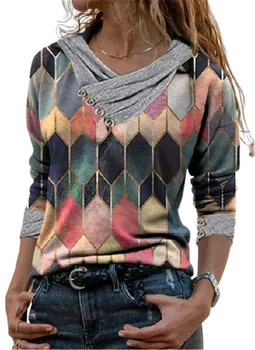 Mados Mygtuką Embellishment Britų Stiliaus T-shirt Moterims, Elegantiškas Geometrinis V-Kaklo, ilgomis Rankovėmis Viršūnes Atsitiktinis Gatvės Plius Dydžio Trišakius