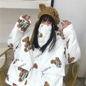 Žiemos Wadded Krano Parko Moterų Derliaus Lokys Spausdinti Negabaritinių Streetwear Japonijos Gobtuvu Kailių Apykaklės Hip-Hop Puffer Coat Pora