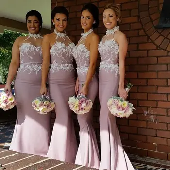 Alyvinė Bridesmaid Dresses Appliques Aukšto Kaklo Šifono Grindų Ilgis Undinė Vestuvių Svečių Prom Šalies Chalatai