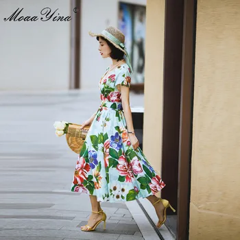 MoaaYina Nėrinių Elegantiškas Mados Medvilnės suknelė Vasaros Moterų Suknelė su V-kaklo trumpomis rankovėmis Floral-Print Sodo Medvilnės Suknelės