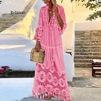 Vasaros Rudens Seksualus V-Kaklo Boho Suknelė Kutas Tuščiaviduriai Iš Suknelės Moterims 2020 Naujas Bohemijos Gėlių Spausdinti Paplūdimio Suknelė Vestidos Rožinė