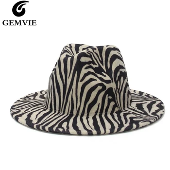 GEMVIE Didelis Kraštų Zebra Fedora Skrybėlę Moterims/vyrams Vilnos Veltinio Kepurę Panama Stiliaus Džiazo Bžūp Lošti